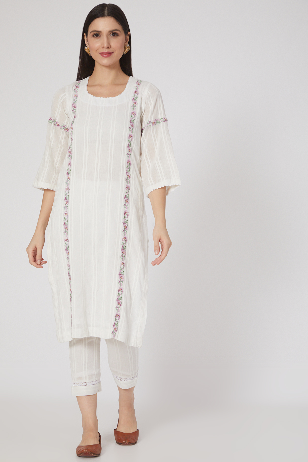 White Pure Cotton Embroidered Kurta Set by Nineh at Pernia's Pop Up Shop