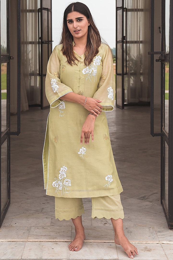 Greenish Beige Floral Embroidered Kurta Set by Nineh