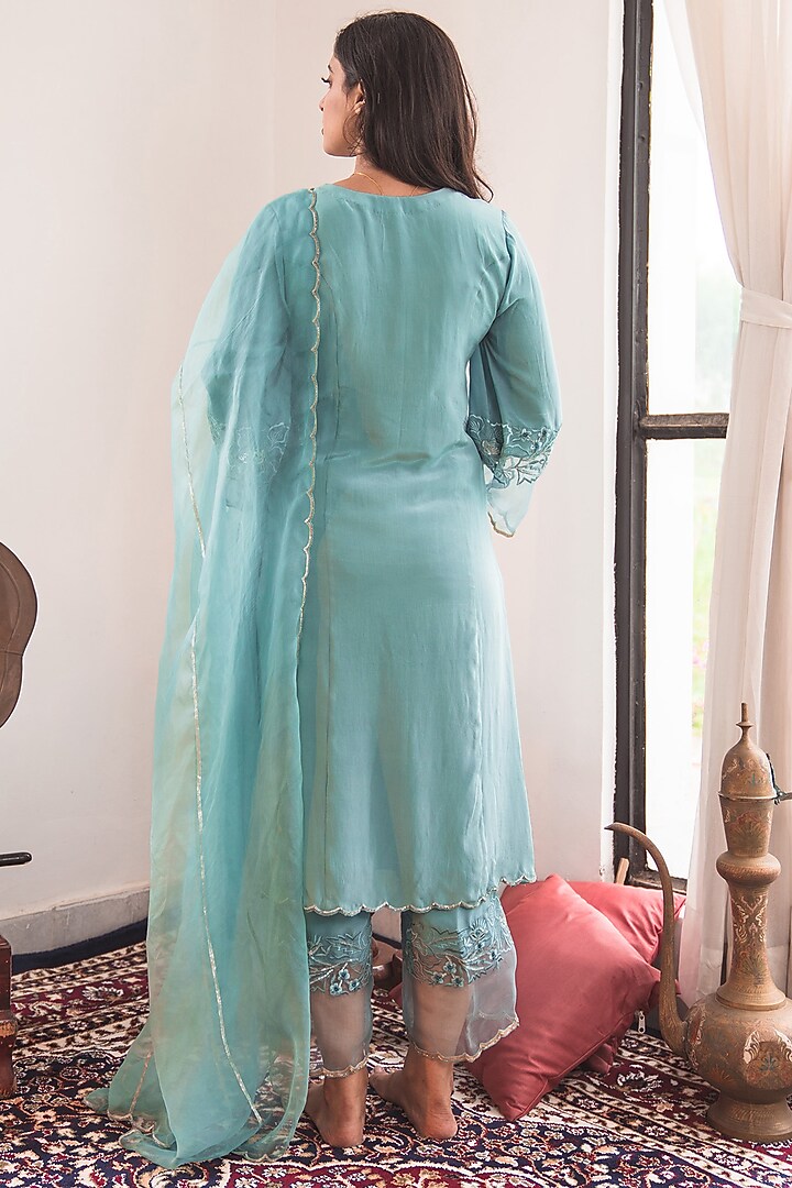 Teal Blue Hand & Machine Embroidered Kurta Set by Nineh at Pernia's Pop Up Shop