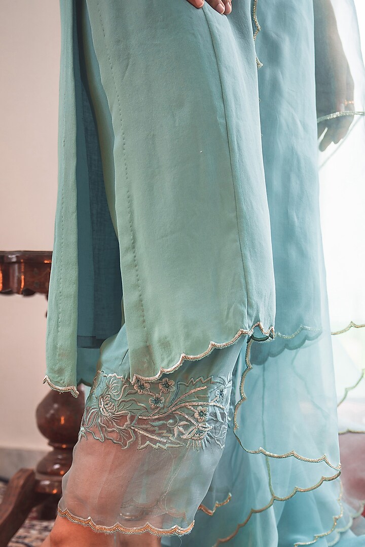 Teal Blue Hand & Machine Embroidered Kurta Set by Nineh at Pernia's Pop Up Shop