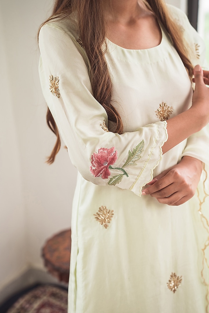 Soft Lemon Hand & Machine Embroidered Kurta Set by Nineh at Pernia's Pop Up Shop
