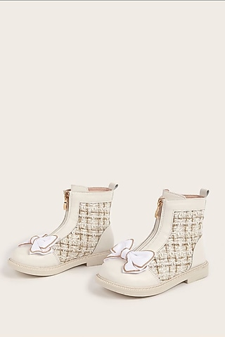 Beige PU Checkered Printed Boots For Girls by Ninobello
