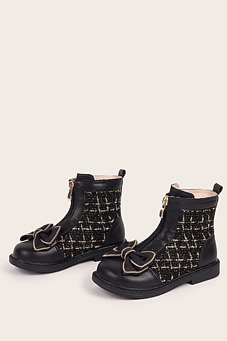 Black PU Checkered Printed Boots For Girls by Ninobello
