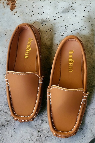 Tan Brown PU Loafers For Boys by Ninobello