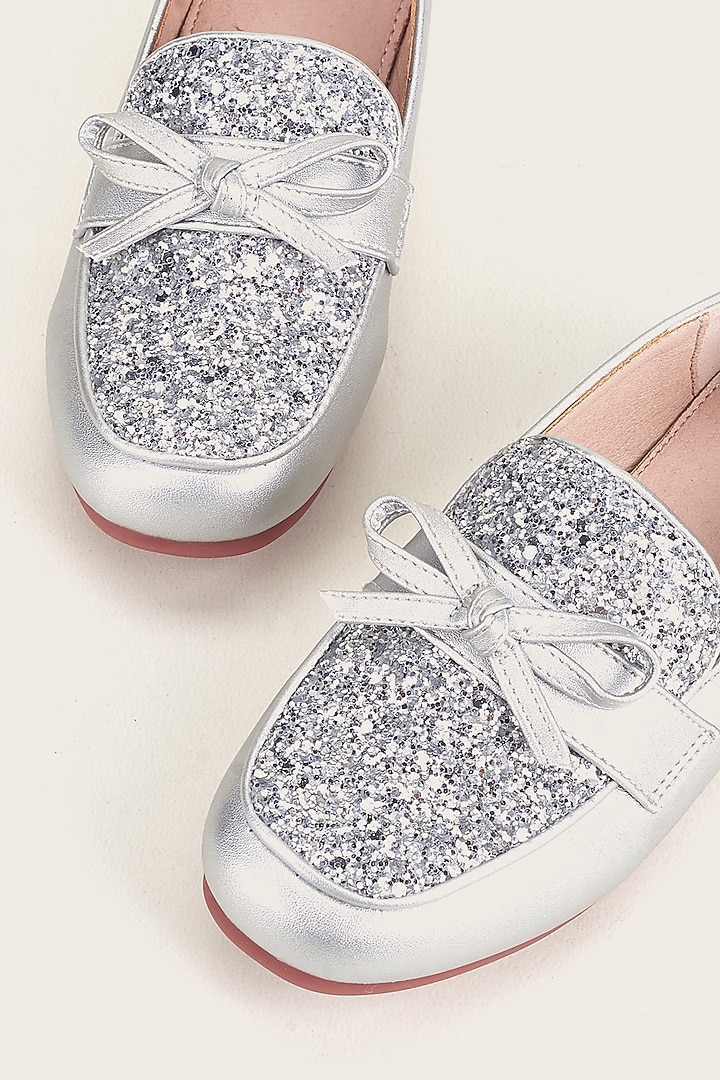 Silver PU Glitter Loafers For Girls by Ninobello at Pernia's Pop Up Shop
