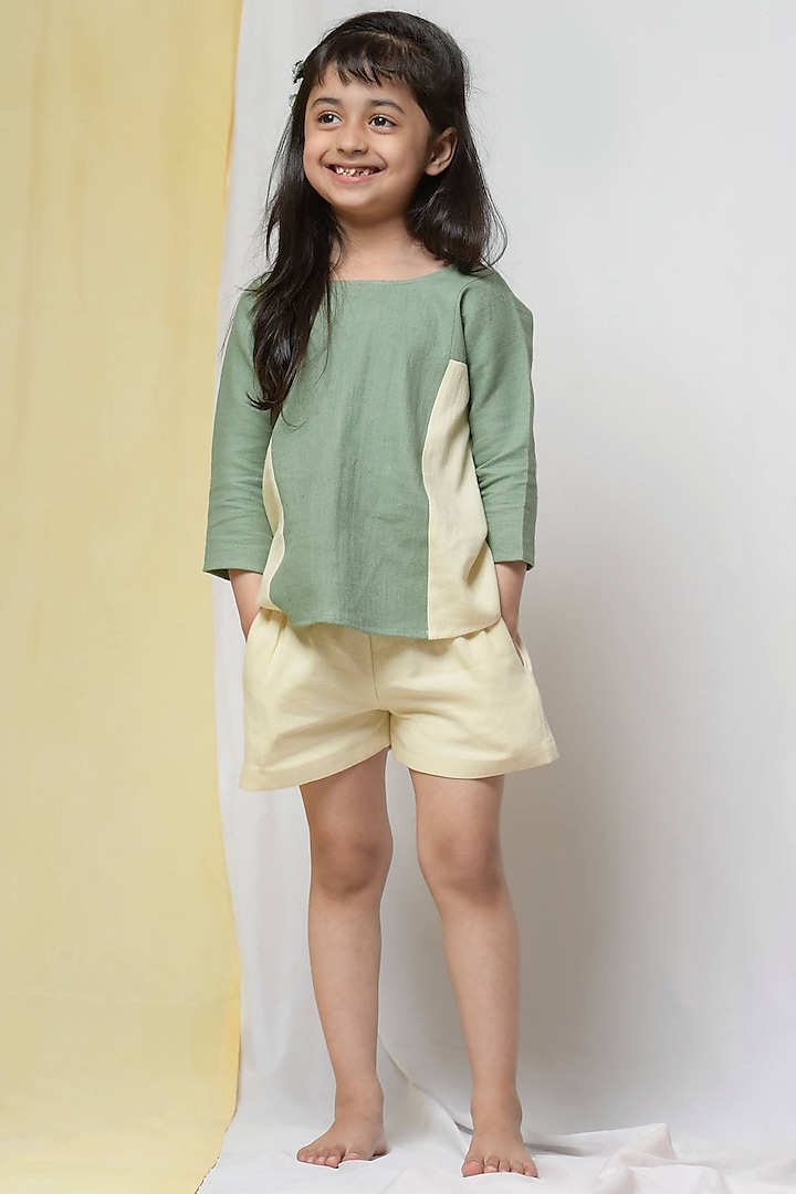 Dusty Jade Green & Cloudy Vanilla Color Blocked Top For Girls by Niraa