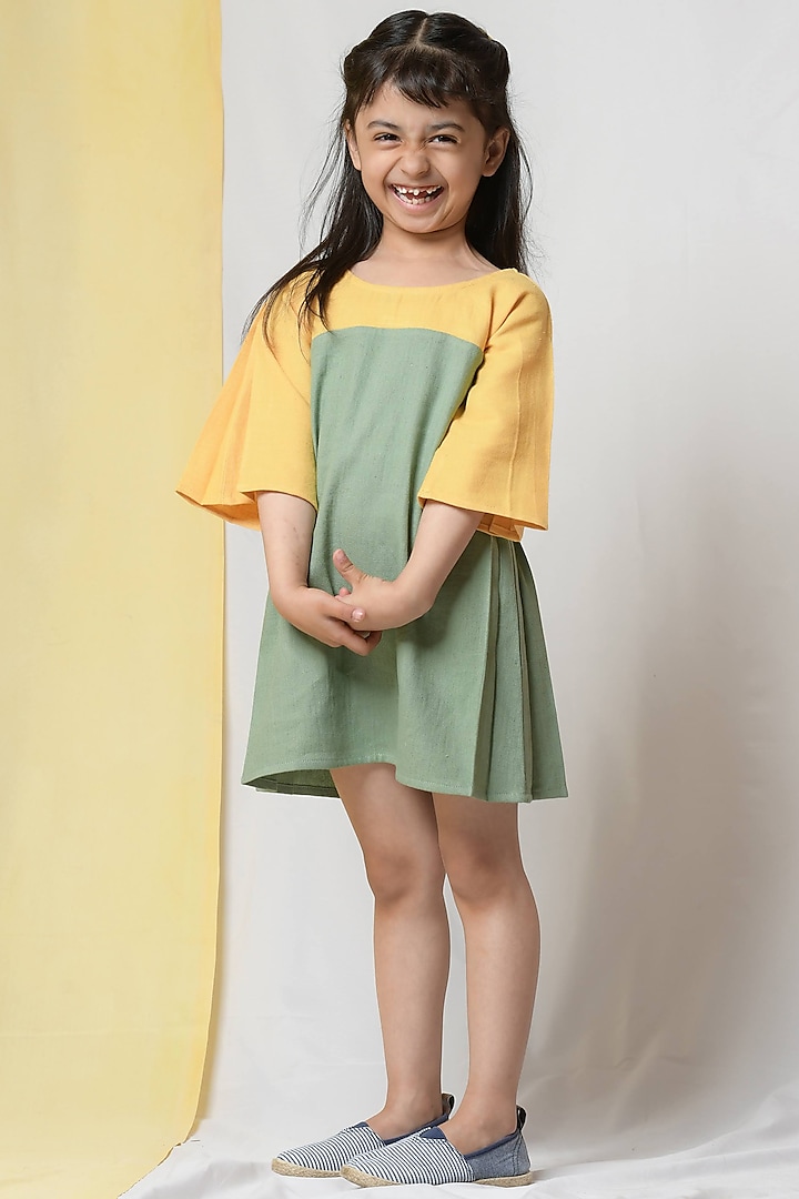 Dusty Jade Green & Dandelion Yellow Color Blocked Dress For Girls by Niraa