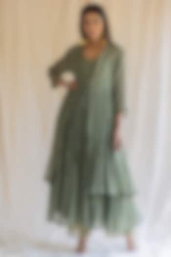Olive Green Handloom Chanderi Anarkali Set  by Nirjara
