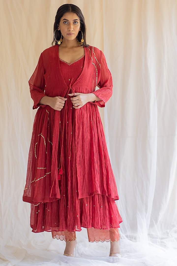 Red Embroidered Anarkali Set  by Nirjara at Pernia's Pop Up Shop