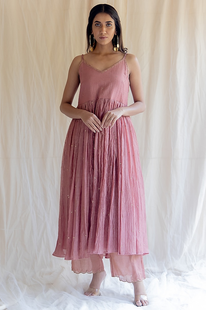 Blush Pink Chanderi Party Wear Anarkali Set by Nirjara at Pernia's Pop Up Shop