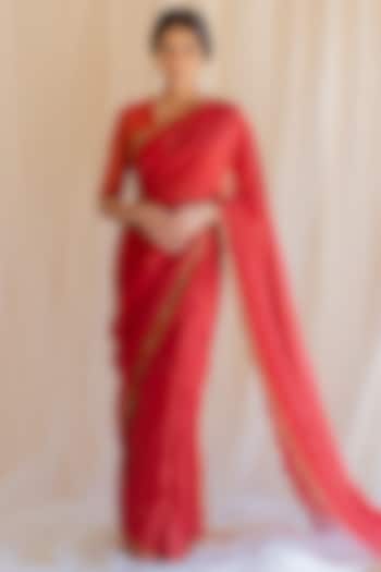 Red Zardosi Party Wear Saree Set by Nirjara at Pernia's Pop Up Shop