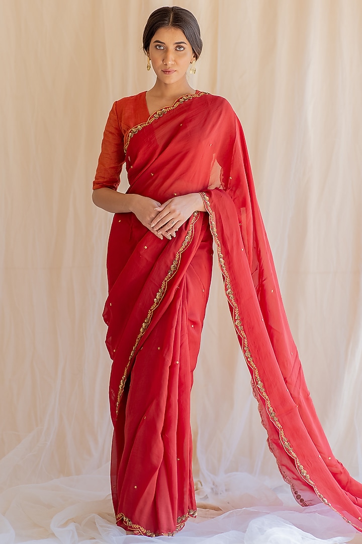 Red Zardosi Party Wear Saree Set by Nirjara at Pernia's Pop Up Shop