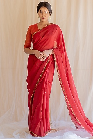 Red Zardosi Saree Set by Nirjara