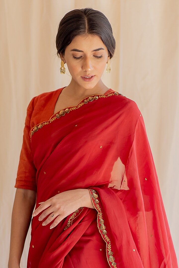 Red Zardosi Party Wear Saree Set by Nirjara at Pernia's Pop Up Shop