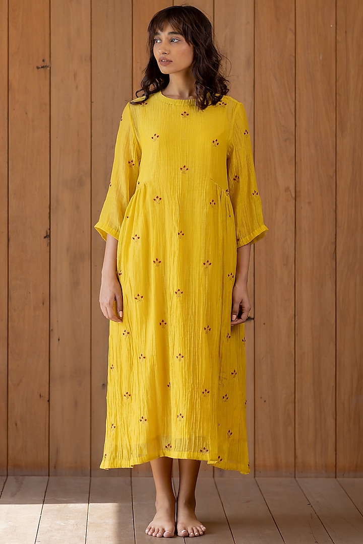 Sunny Yellow Hand Embroidered Dress With Slip by Nirjara