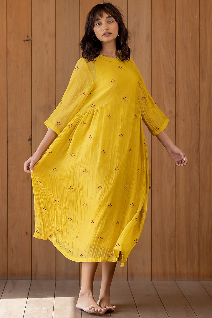 Sunny Yellow Hand Embroidered Summer Dress With Slip by Nirjara at Pernia's Pop Up Shop