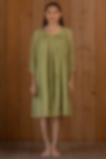 Sage Green Printed & Embroidered Flared Dress With Slip by Nirjara