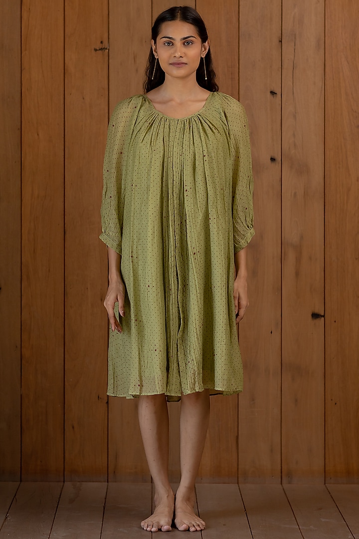 Sage Green Printed & Embroidered Flared Dress With Slip by Nirjara