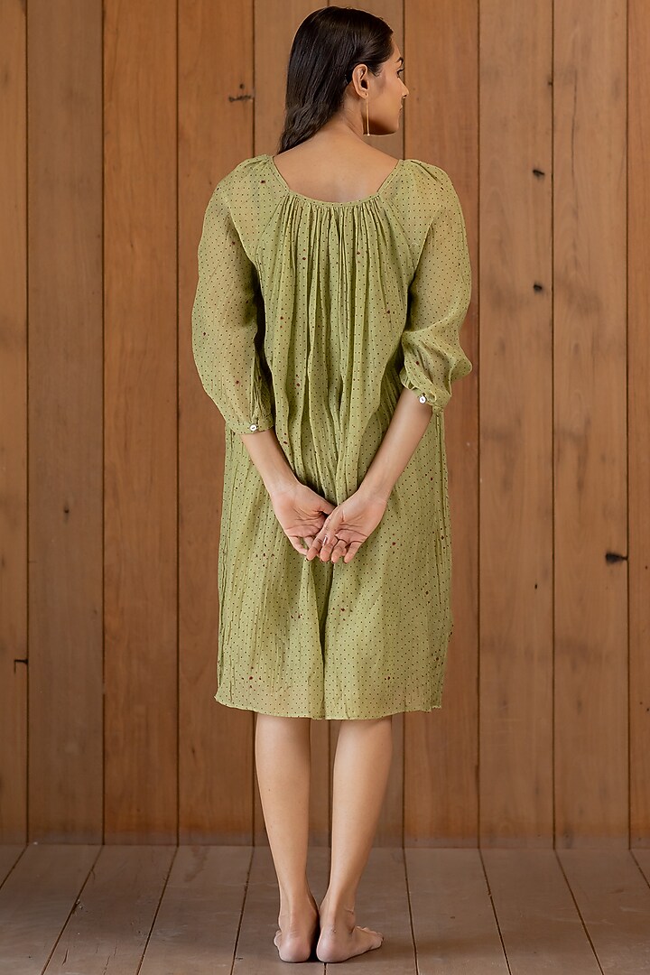 Sage Green Printed & Embroidered Flared Summer Dress With Slip by Nirjara at Pernia's Pop Up Shop