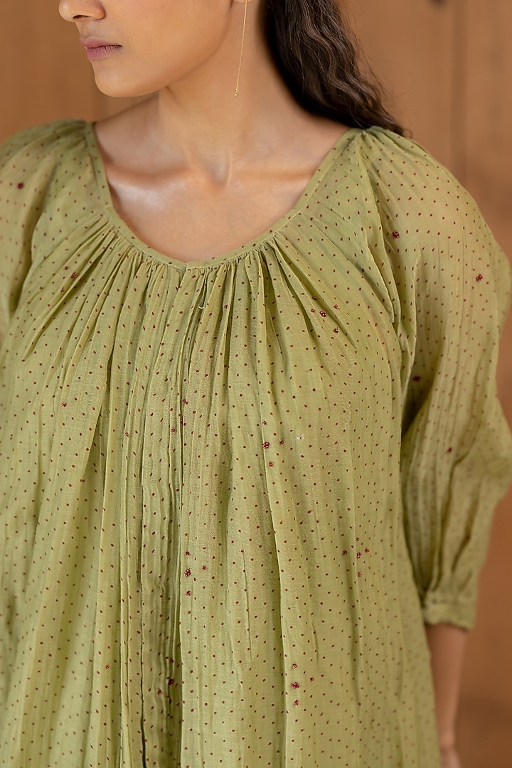 Sage Green Printed & Embroidered Flared Summer Dress With Slip by Nirjara at Pernia's Pop Up Shop