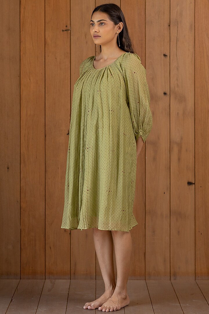 Sage Green Printed & Embroidered Flared Summer Dress With Slip by Nirjara at Pernia's Pop Up Shop