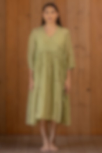 Sage Green Printed & Hand Embroidered Dress With Slip by Nirjara