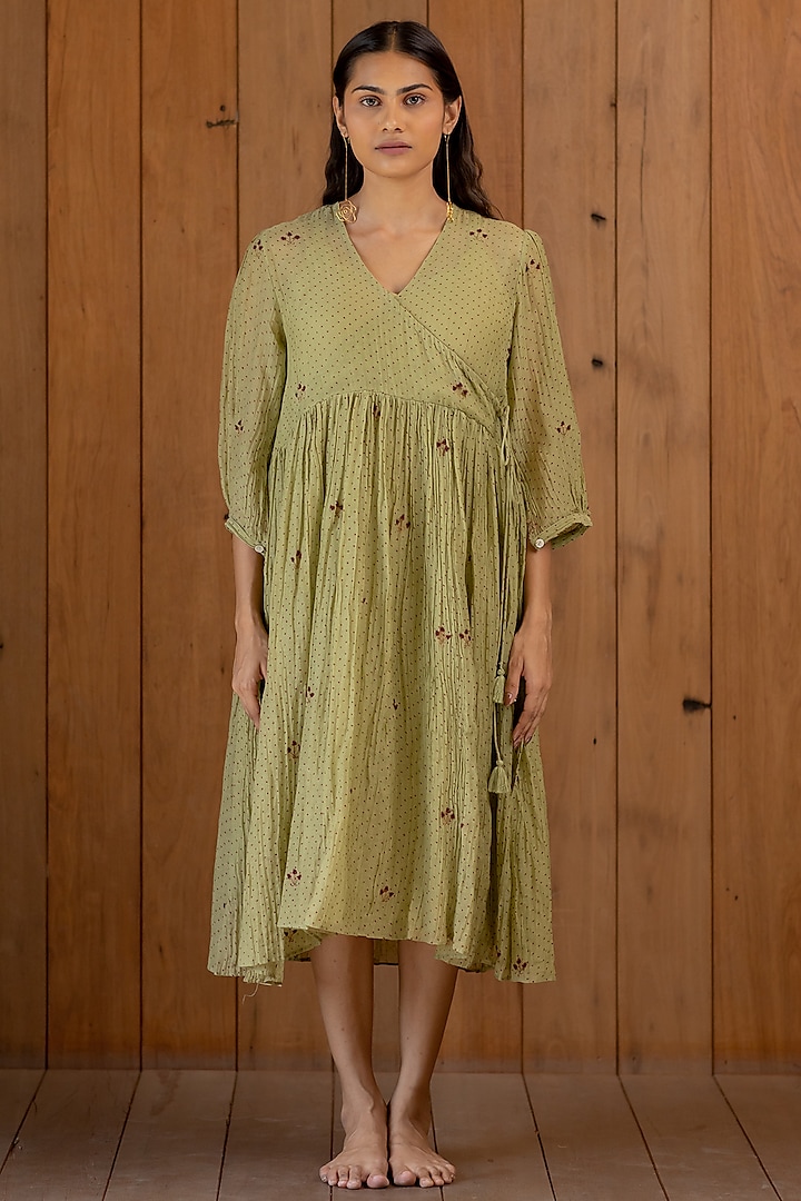 Sage Green Printed & Hand Embroidered Dress With Slip by Nirjara