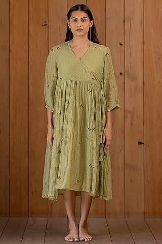Sage Green Printed & Hand Embroidered Dress With Slip by Nirjara
