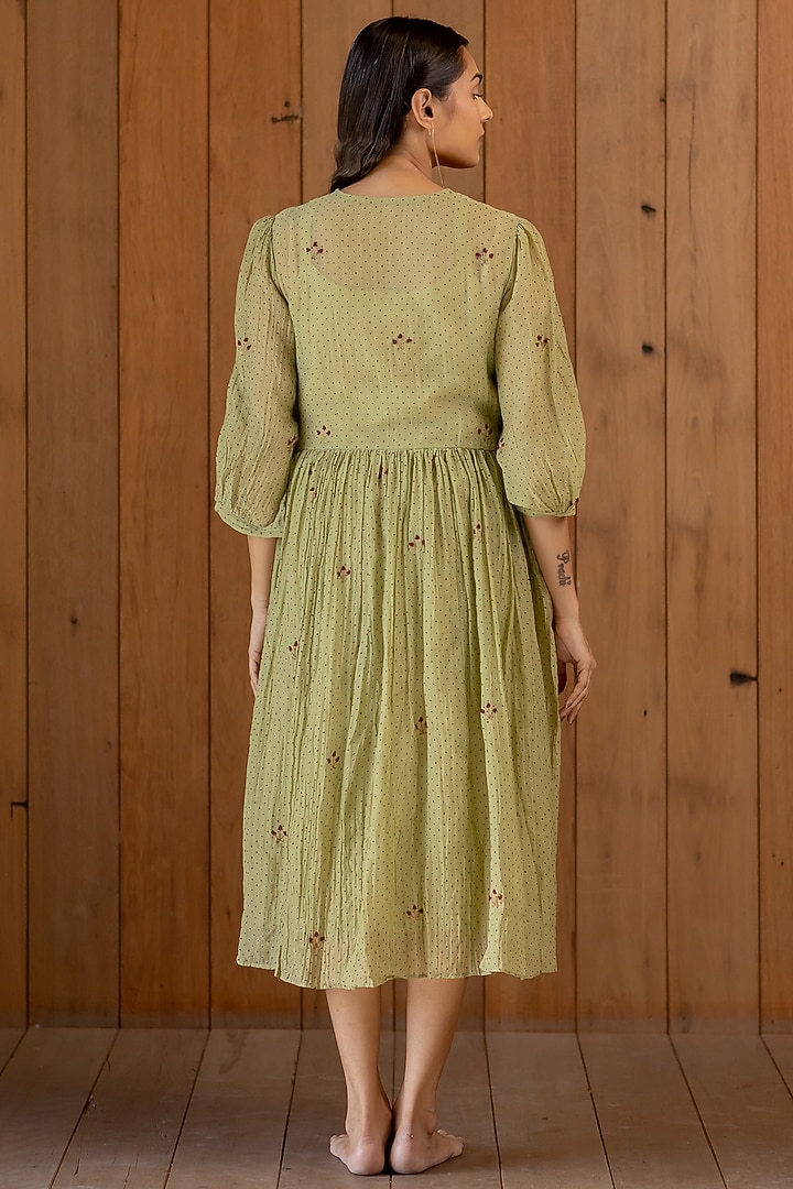 Sage Green Printed & Hand Embroidered Summer Dress With Slip by Nirjara at Pernia's Pop Up Shop