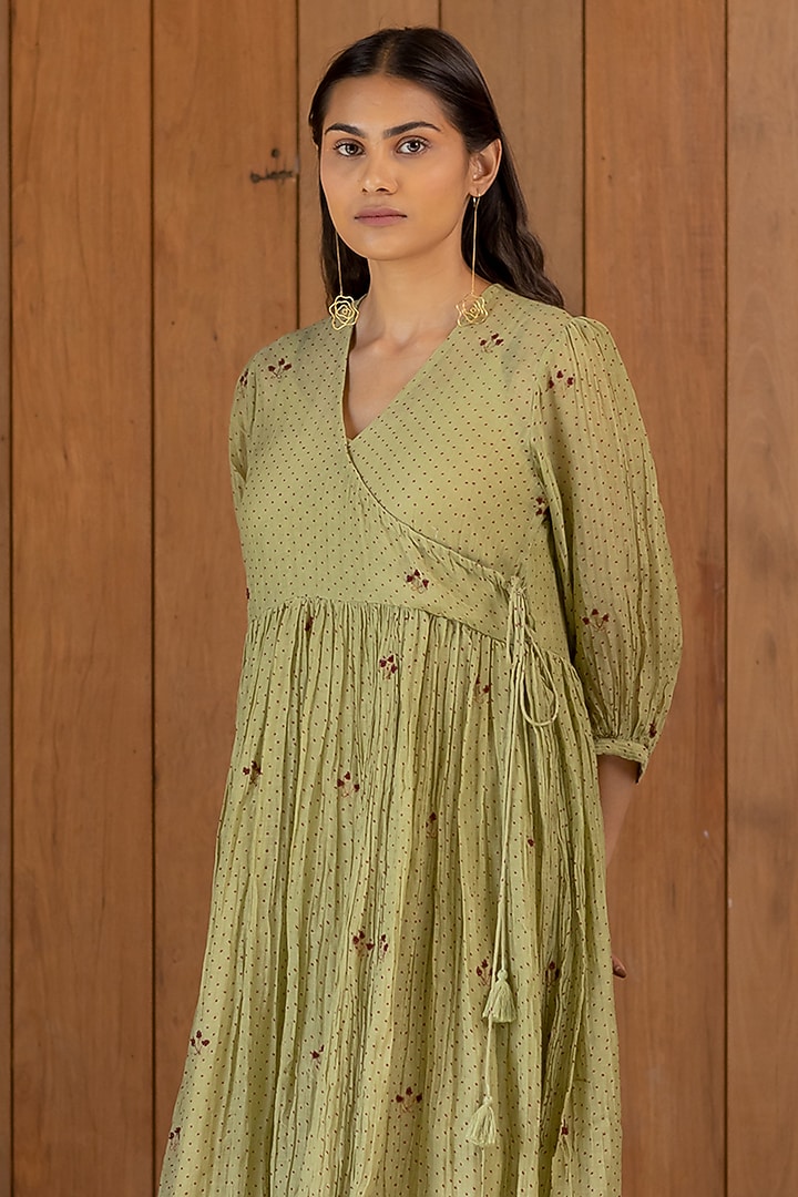 Sage Green Printed & Hand Embroidered Summer Dress With Slip by Nirjara at Pernia's Pop Up Shop