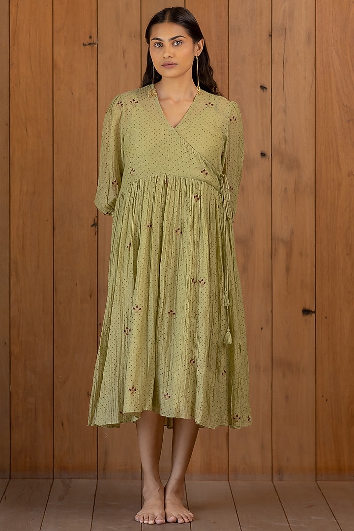 Sage Green Printed & Hand Embroidered Summer Dress With Slip by Nirjara at Pernia's Pop Up Shop