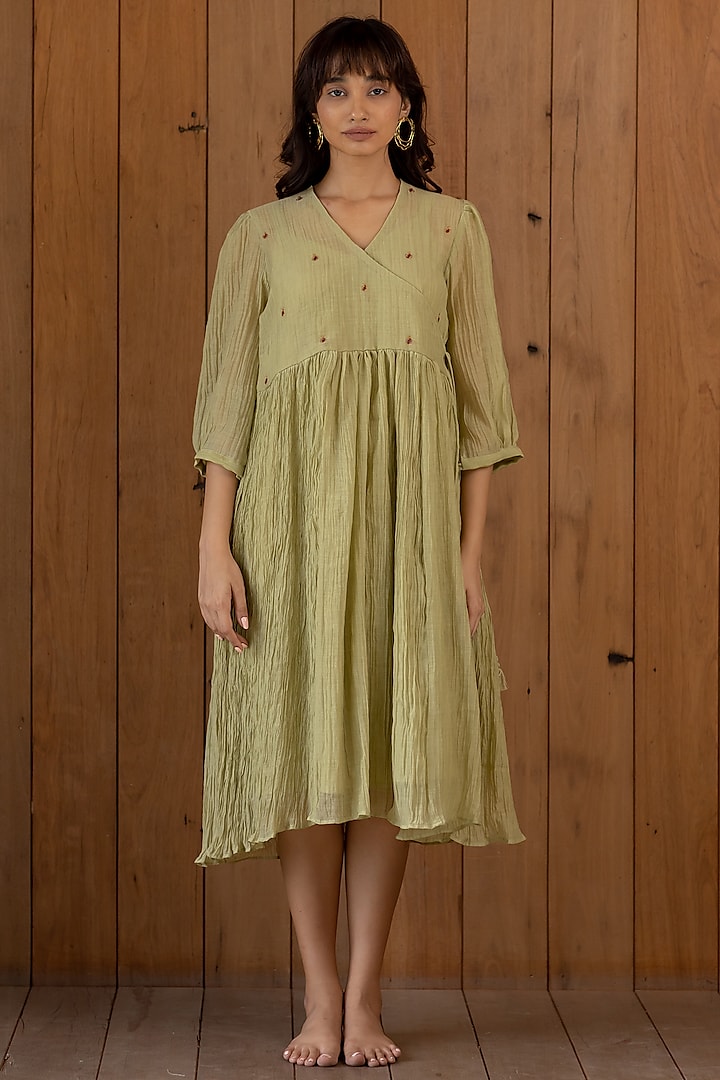 Sage Green Embroidered & Printed Dress With Slip by Nirjara