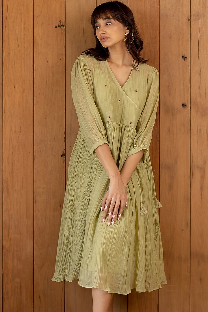 Sage Green Embroidered & Printed Summer Dress With Slip by Nirjara at Pernia's Pop Up Shop