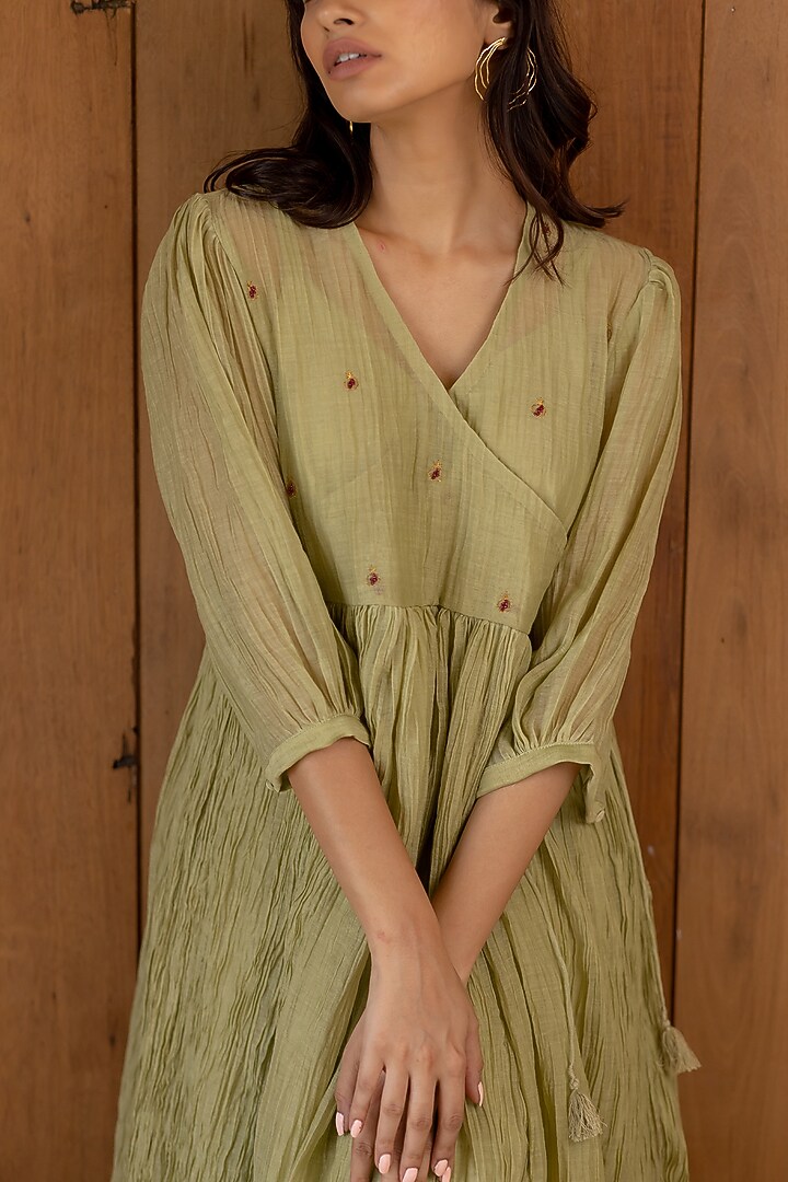 Sage Green Embroidered & Printed Summer Dress With Slip by Nirjara at Pernia's Pop Up Shop