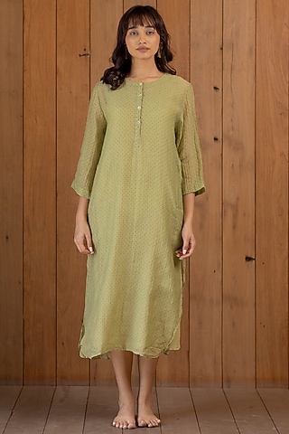 Sage Green Chanderi Cotton Dress With Slip by Nirjara