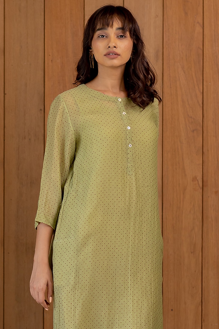 Sage Green Chanderi Cotton Summer Dress With Slip by Nirjara at Pernia's Pop Up Shop