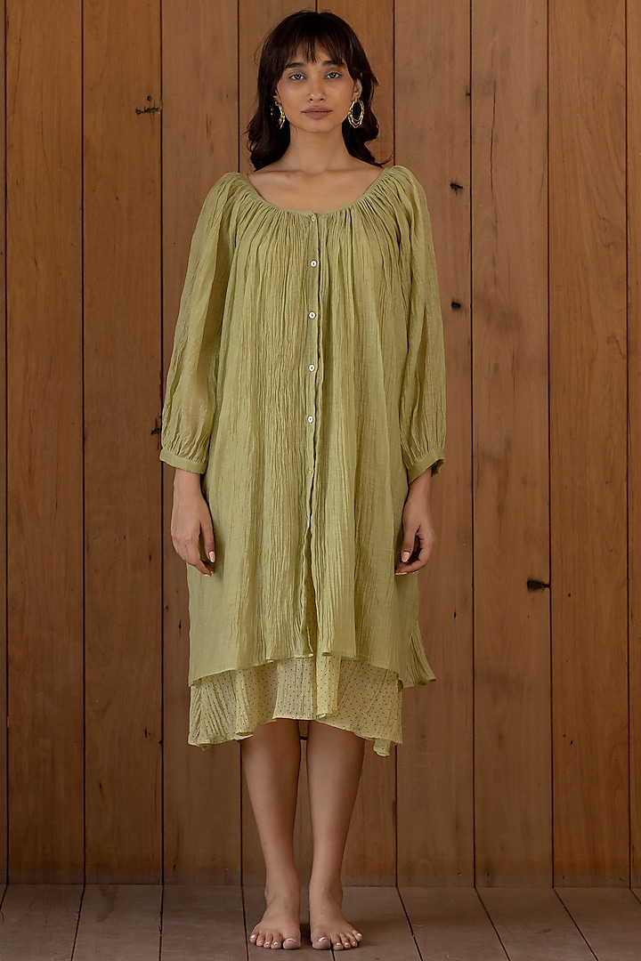 Sage Green Gathered Dress With Slip by Nirjara at Pernia's Pop Up Shop