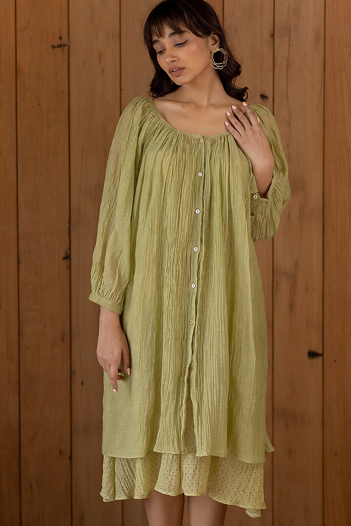Sage Green Gathered Summer Dress With Slip by Nirjara at Pernia's Pop Up Shop