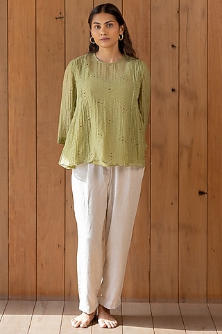 Sage Green Hand Embroidered Top by Nirjara