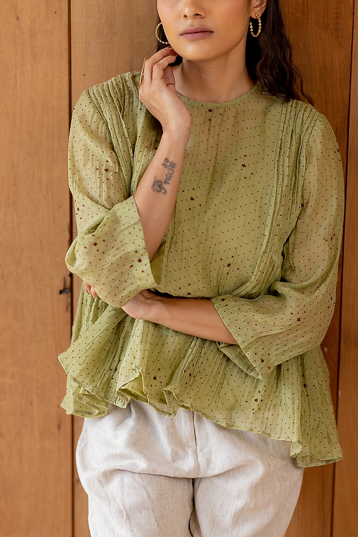 Sage Green Hand Embroidered Top by Nirjara at Pernia's Pop Up Shop