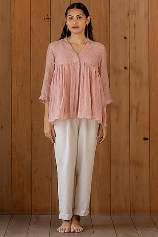Blush Pink Embroidered & Printed Top by Nirjara