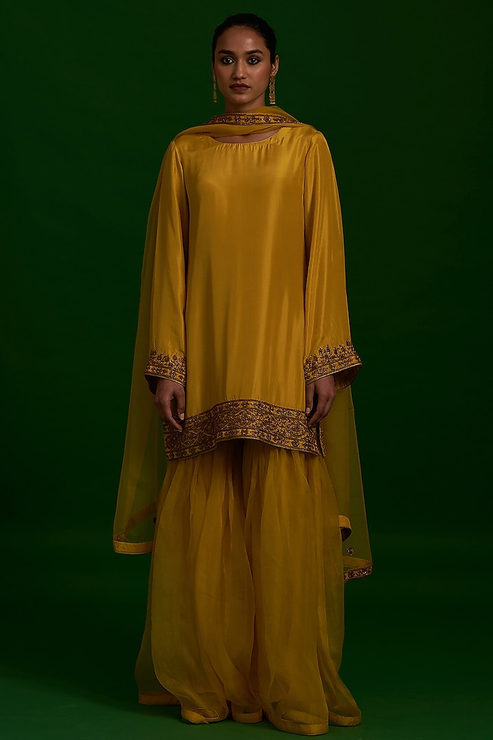 Mustard Habutai Silk Sharara Set by Nishar Ahmed