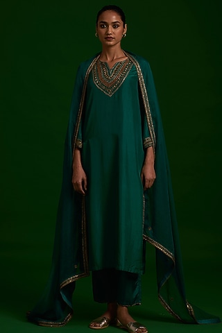 Emerald Green Embroidered Kurta Set by Nishar Ahmed