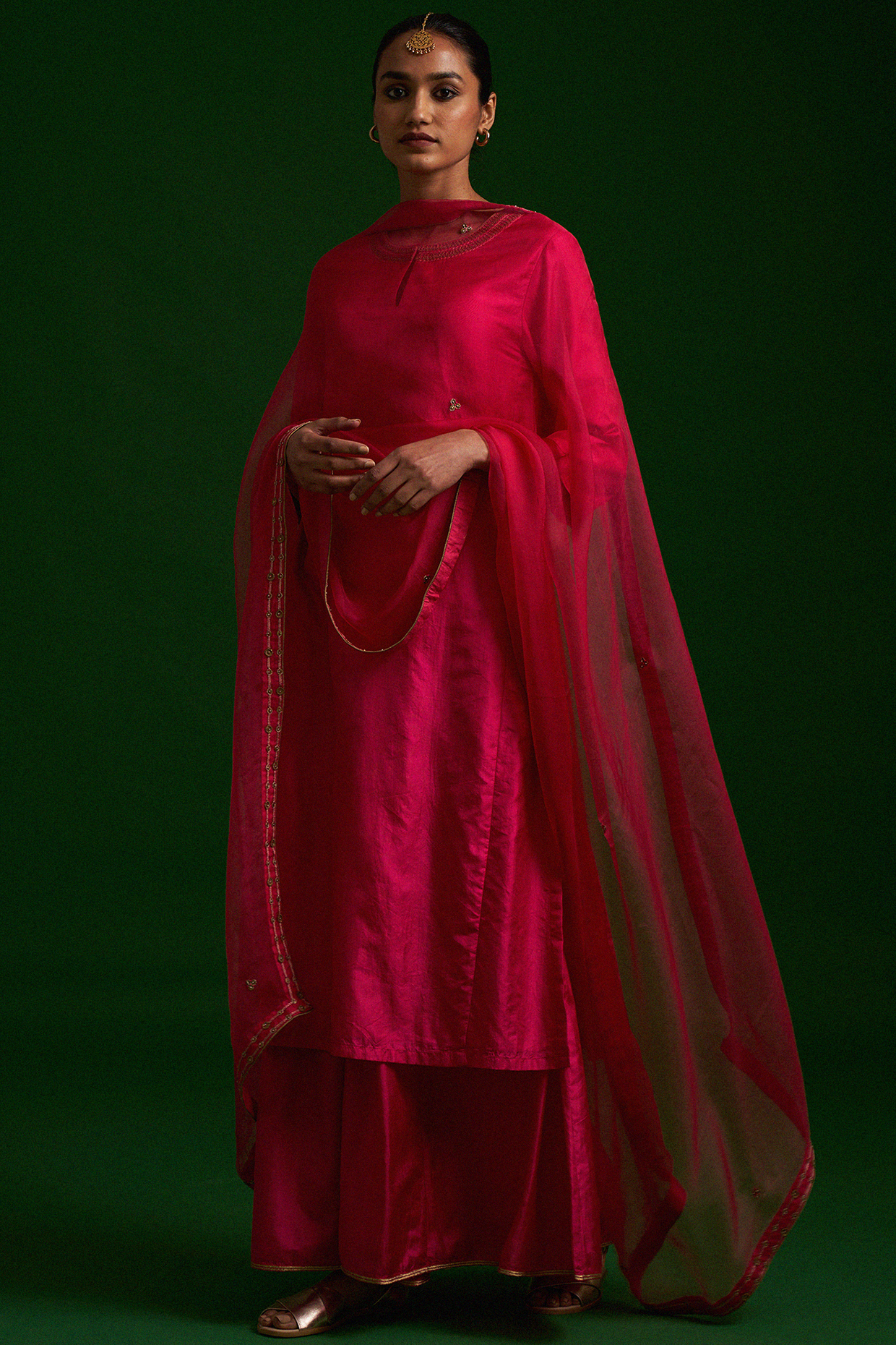 Rani Pink Embroidered Kurta Set by Nishar Ahmed