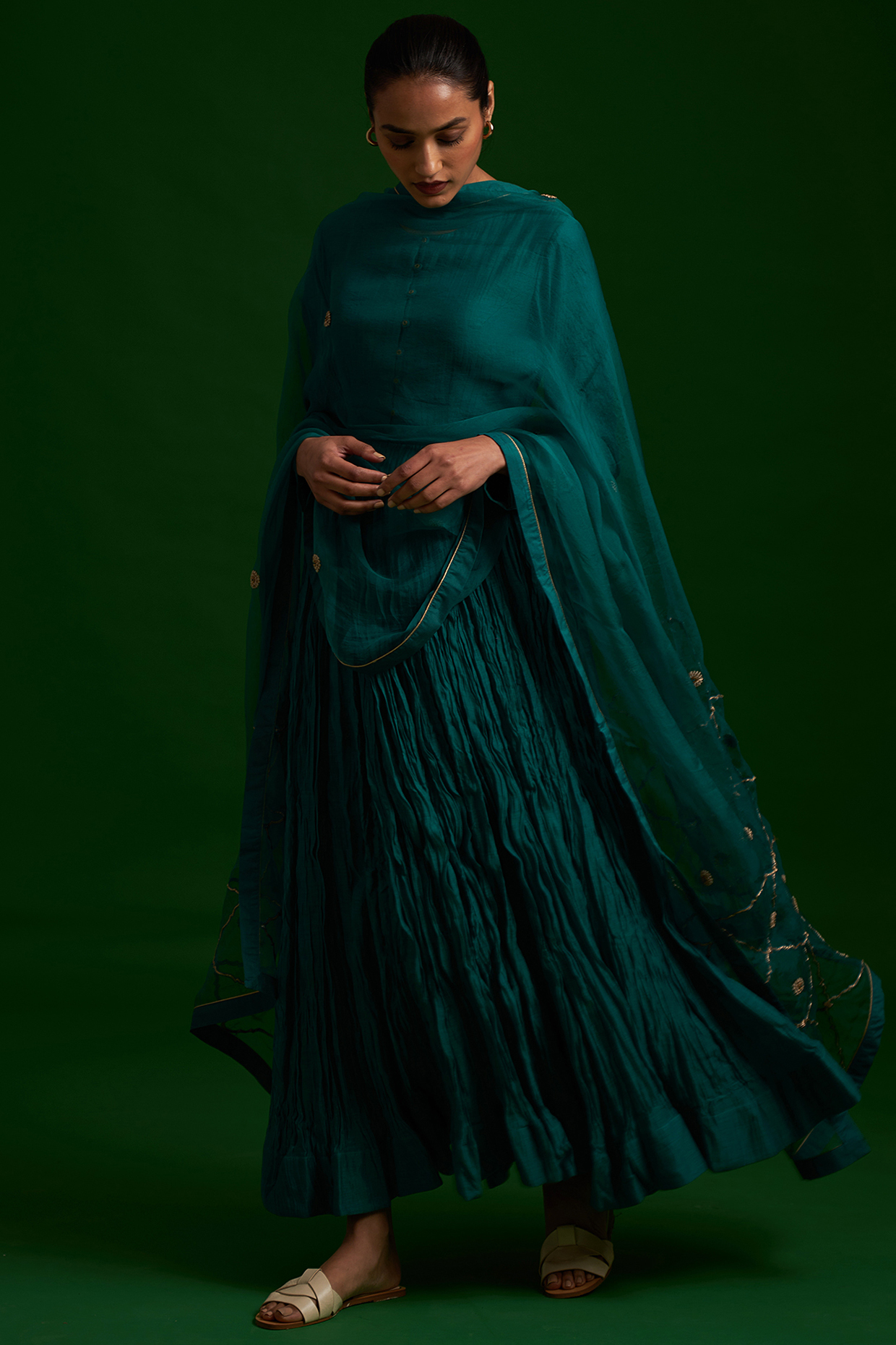 Teal Embroidered Party Wear Anarkali Set by Nishar Ahmed at Pernia's Pop Up Shop