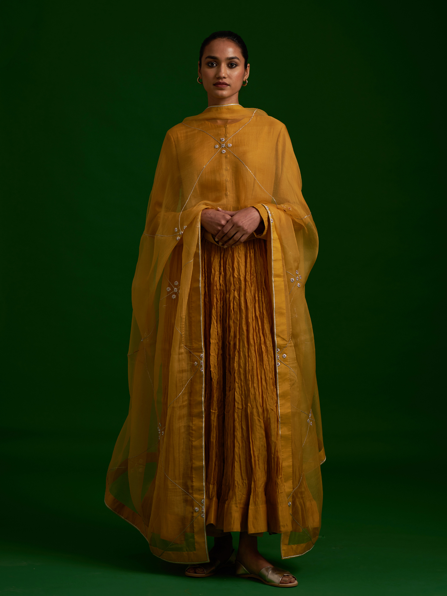 Mustard Embroidered Party Wear Anarkali Set by Nishar Ahmed at Pernia's Pop Up Shop