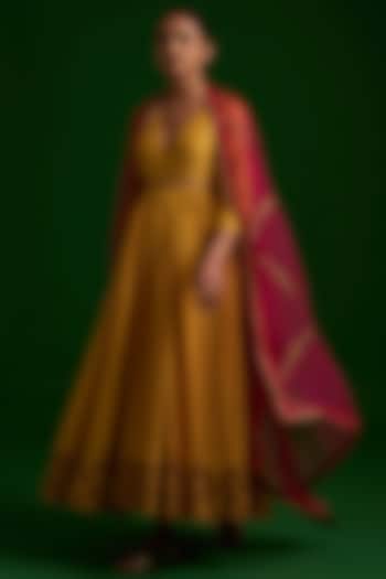 Mustard Zardosi Embroidered Wedding Anarkali Set by Nishar Ahmed at Pernia's Pop Up Shop