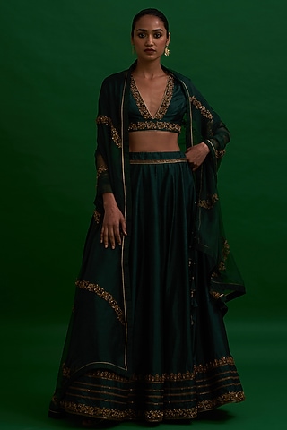 Olive Green Embroidered Lehenga Set by Nishar Ahmed