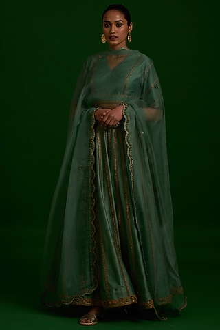 Mint Green Embroidered Lehenga Set by Nishar Ahmed