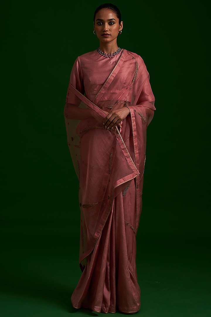 Old Rose Organza Embroidered Half & Half Saree Set by Nishar Ahmed at Pernia's Pop Up Shop